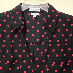 Express Black Red Polka Dot Slim Fit LP Blouse Roll Tab Large Petite